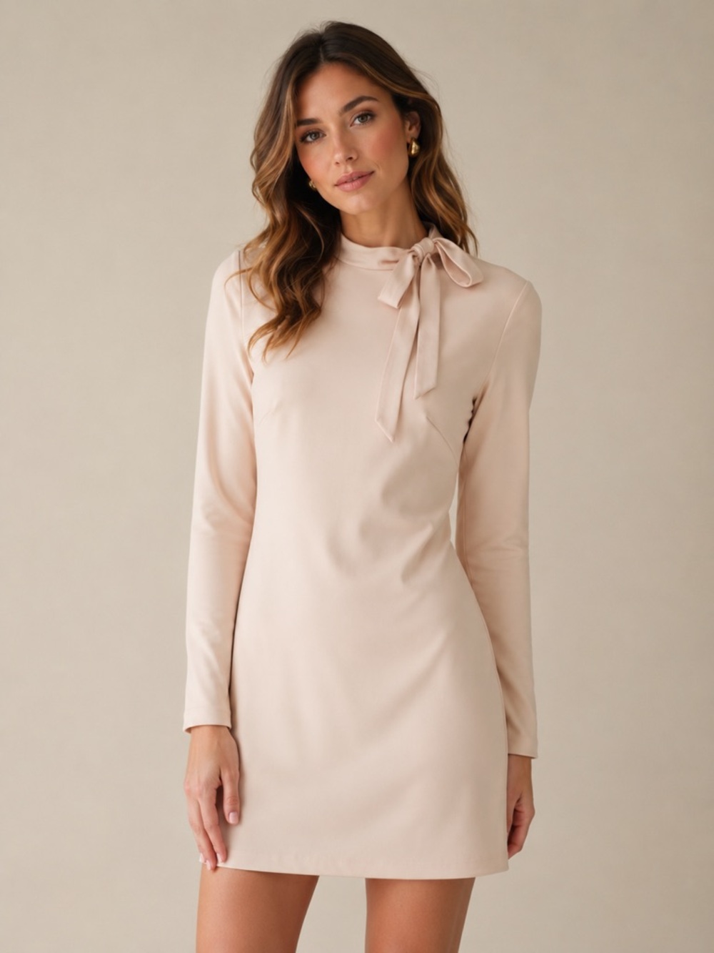 Calvin Klein Long-Sleeve Bow-Tie Mini Dress in Blush Nude